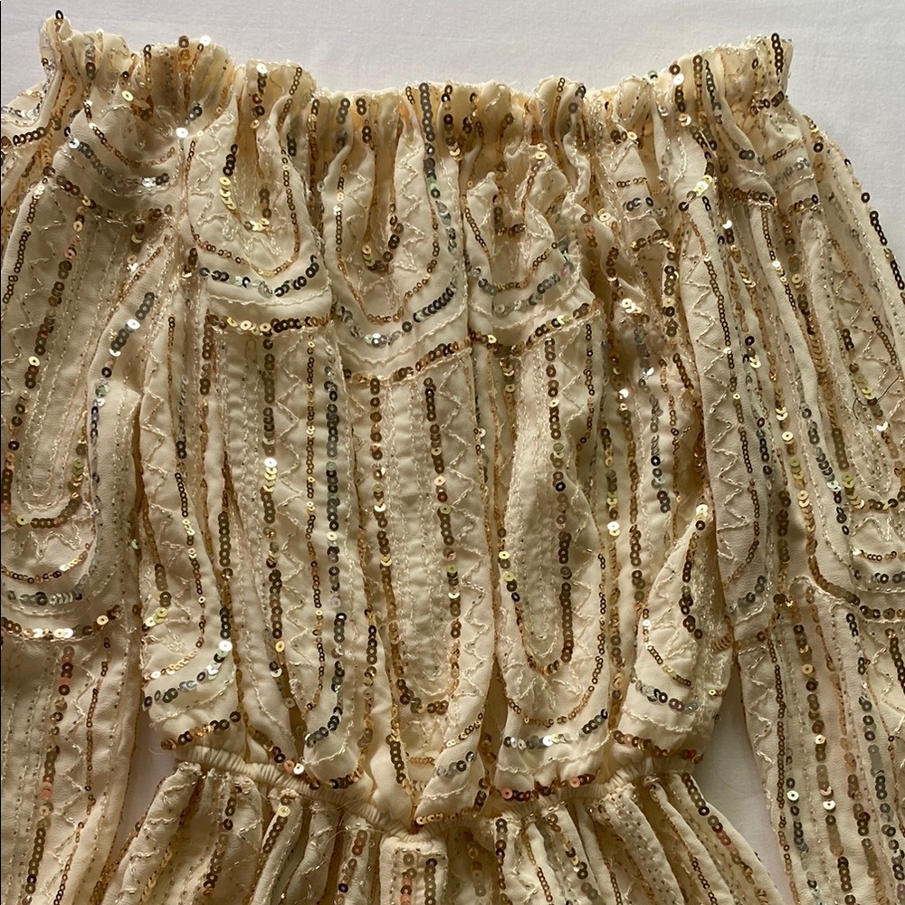 Sequin Embellished Cream Romper. Color Ivory - Picture 4 of 9